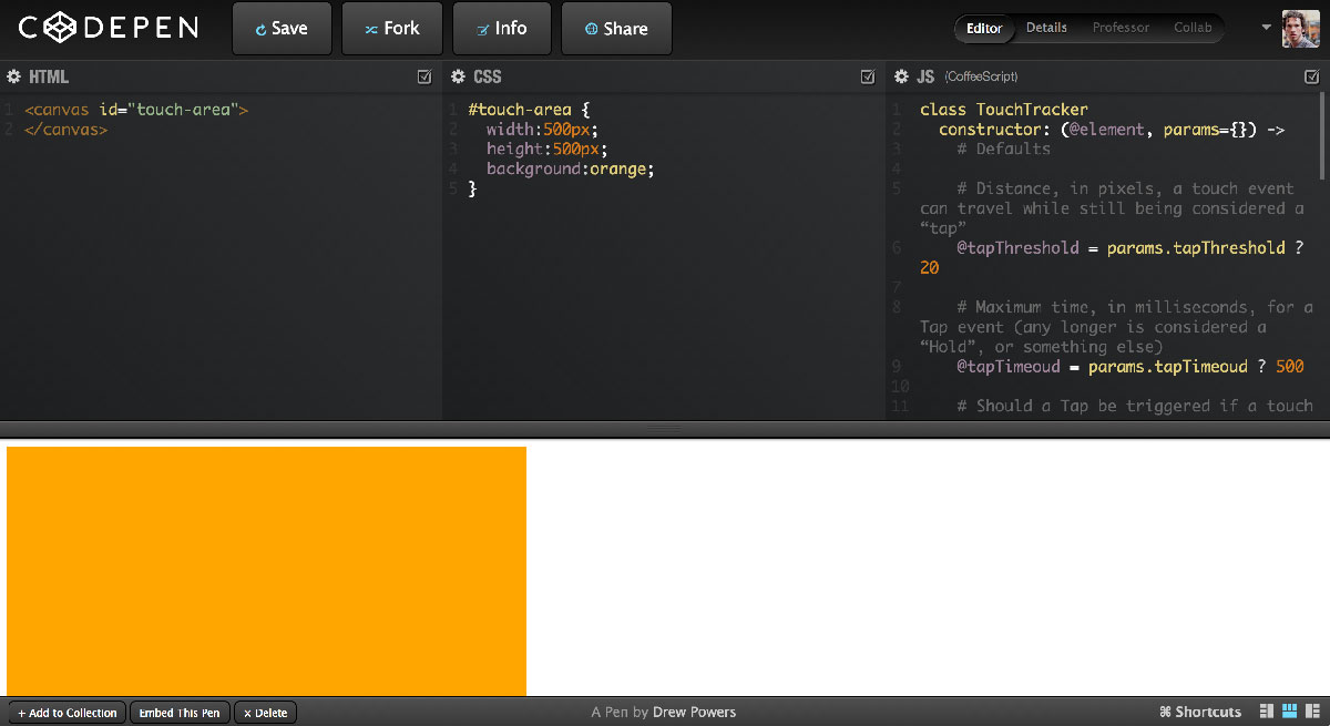 CoffeeScript touch based events: view on CodePen